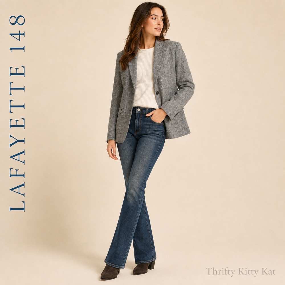 Lafayette 148 New York Wool Blend Herringbone Longline Blazer Notch Lapel Gray 6
